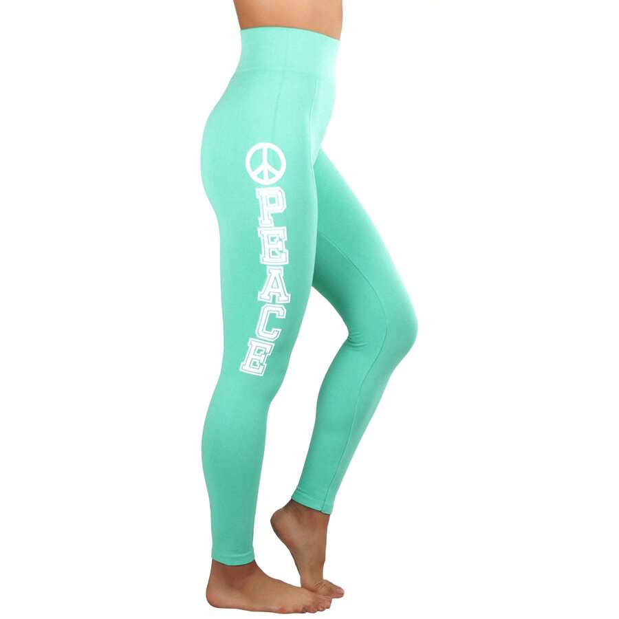 ToBeInStyle Women's Colorful Elastic Full Length Leggings - Peace Print - Mint - View 1