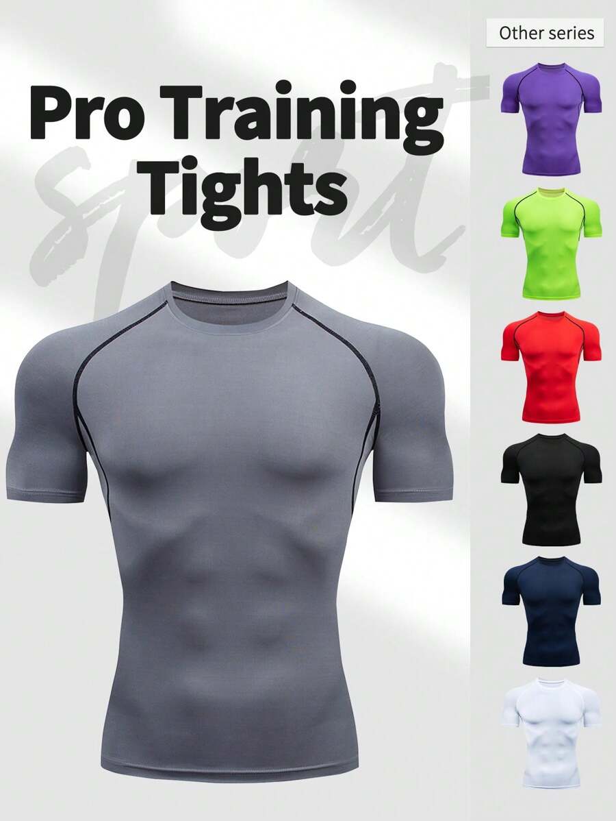 Boyfriend Style Men's Sports & Fitness Slim Fit Moisture Wicking Round Neck Short Sleeve, Solid Color Training Workout & Running Compression Top Gym Clothes Boyfriend Style Men Spring Tops Basic T Shirt Compression Shirt Summer - Dark Grey - View 1