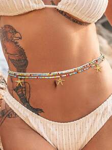 1 件波西米亞珠寶 2000 年多層夏季海灘海洋彩色串珠腰鏈,帶有可愛海星、貝殼和海螺吊墜,適合比基尼、波西米亞連身裙、音樂節、派對和舞會