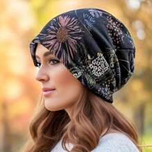 Simple And Fashionable Bohemian-Style Printed Slouchy Beanie Hat With Elastic Headband, Two-Way Use Flower Cap & Scarf, Suitable For Women's Outdoor Leisure Sports Winter Fall - Grey - View 8