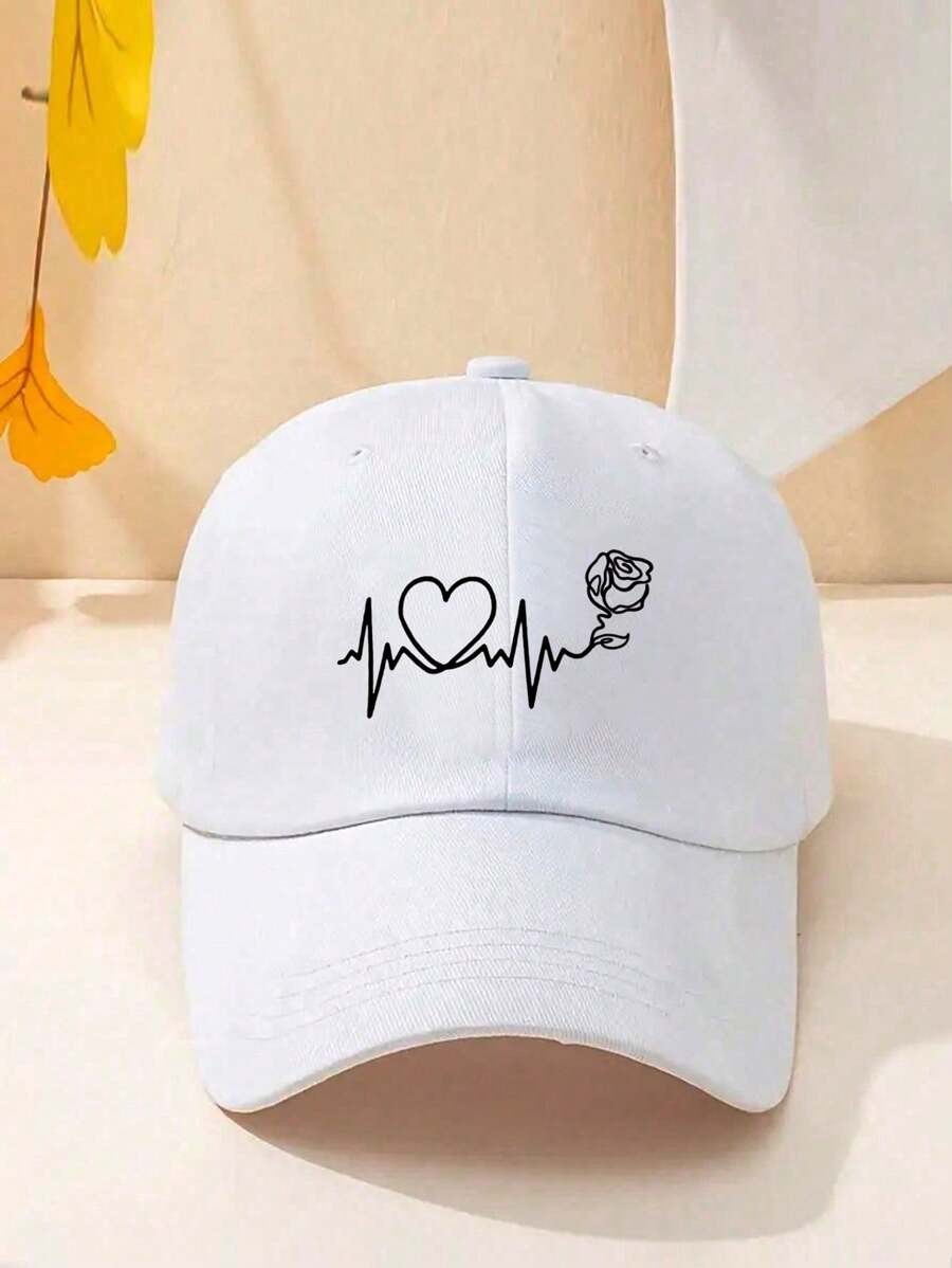 1pc Women's White Striped Floral Print Baseball Cap For Outdoor Sun Protection Street Valentine's Day - White - View 1