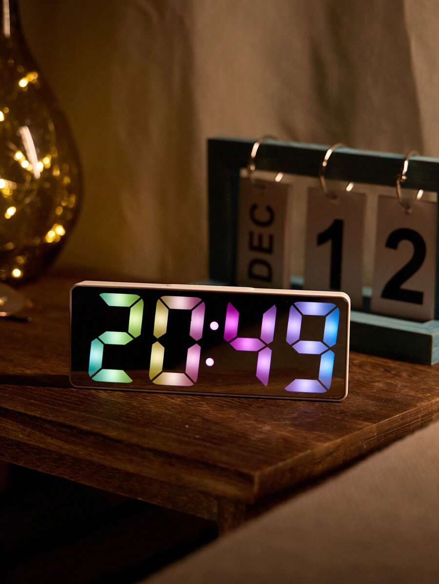 1pc Led Mirror Display Digital Alarm Clock With RealTime Temperature
