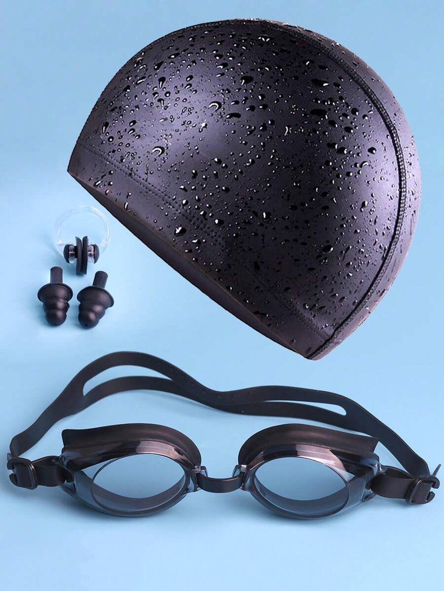 SHENYU Set de 5 piezas: 1 gafas de natación, 1 gorro de natación, 2 tapones para los oídos, 1 pinza para la nariz - Negro - Ver 1