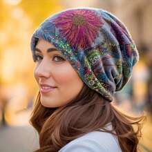 Simple And Fashionable Bohemian-Style Printed Slouchy Beanie Hat With Elastic Headband, Two-Way Use Flower Cap & Scarf, Suitable For Women's Outdoor Leisure Sports Winter Fall - Grey - View 1