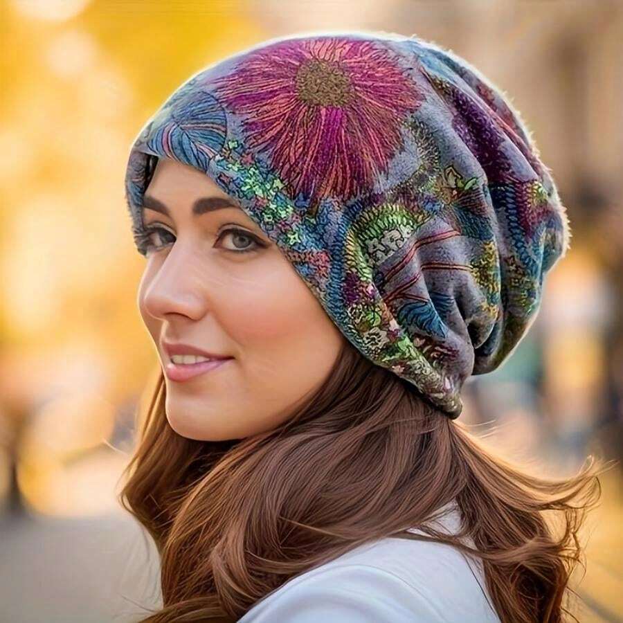 Simple And Fashionable Bohemian-Style Printed Slouchy Beanie Hat With Elastic Headband, Two-Way Use Flower Cap & Scarf, Suitable For Women's Outdoor Leisure Sports Winter Fall - Grey - View 1