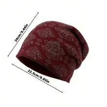 Simple And Fashionable Bohemian-Style Printed Slouchy Beanie Hat With Elastic Headband, Two-Way Use Flower Cap & Scarf, Suitable For Women's Outdoor Leisure Sports Winter Fall - Grey - View 2