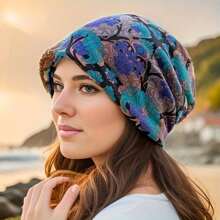 Simple And Fashionable Bohemian-Style Printed Slouchy Beanie Hat With Elastic Headband, Two-Way Use Flower Cap & Scarf, Suitable For Women's Outdoor Leisure Sports Winter Fall - Grey - View 4