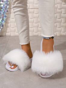 Summer Women's Plush Colorful Beach Solid Color Long Hair Anti-Slip Household Slippers With Stylish, Suitable For Outdoor Wear