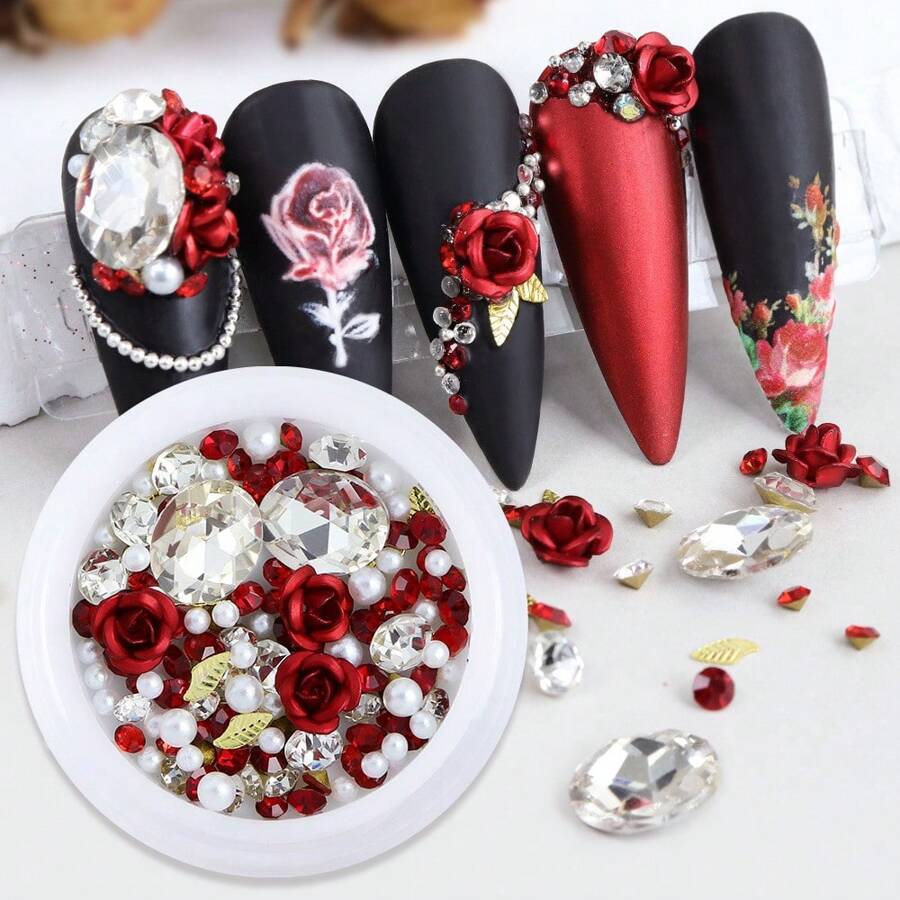 Mode Legierung Rose & Pink Farbverlauf Aluminium Blumen Nail Art Dekoration Funkelnde Strass Perle Ornament Nagel Zubehör Nägel Nail Charms Nail Gems