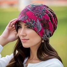 Simple And Fashionable Bohemian-Style Printed Slouchy Beanie Hat With Elastic Headband, Two-Way Use Flower Cap & Scarf, Suitable For Women's Outdoor Leisure Sports Winter Fall - Grey - View 5