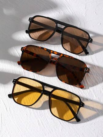 3pcs Women's Dual-Bridge Square Rivets Fashion Eyeglasses Set, Orange, Black, Yellow For Summer Beach Vacation,Outdoor,Travel