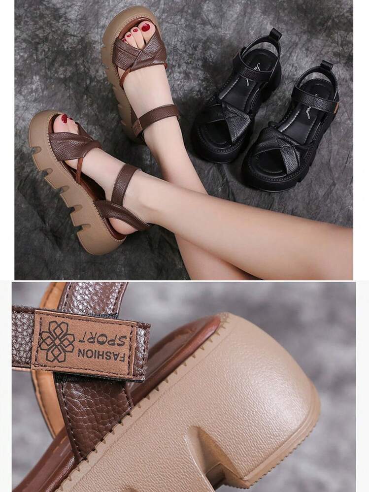 Brown Open Toe Platform Wedge Sandals For Women, Thick Soft Bottom Non-Slip, Versatile & Fashionable For Summer Outfits, Casual Roman Style - Brown - View 2