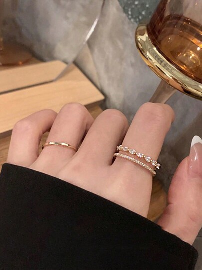 2pcs/Set Fashionable Dual Layer Rhinestone Inlaid Open End Vintage Ring Set