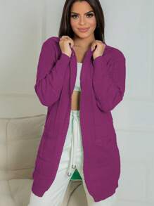 cardigan tricot feminino casaco com capuz bolso coleção nova - Violeta - Visão 1
