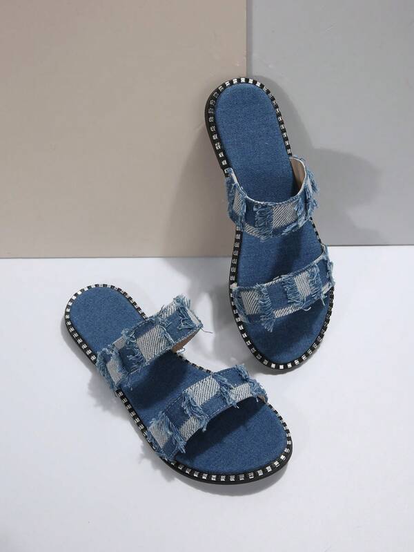 Women Fabric Edging Round-Toe Slippers Flat Heel Casual Beach Slip-Ons For Summer 2024