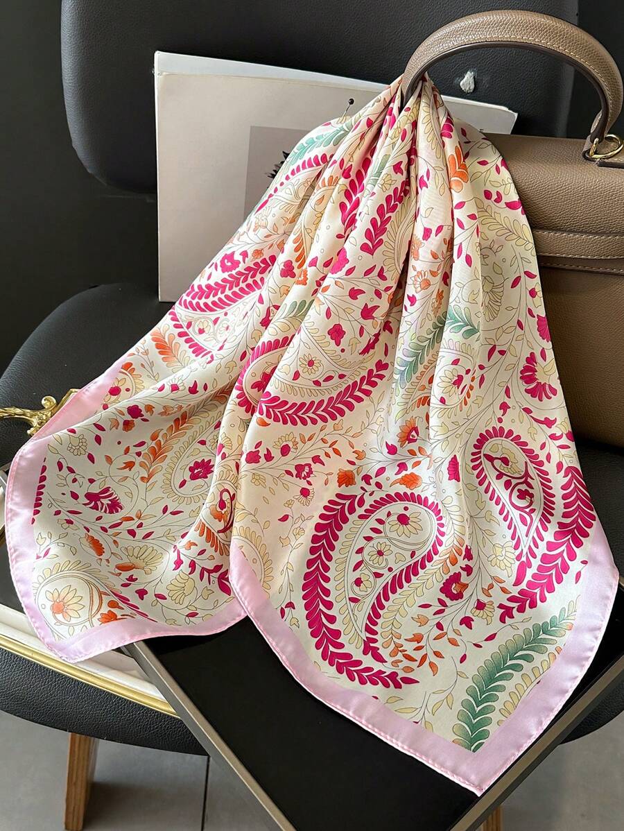 1pc Faux Silk Paisley Floral Print 27.5" Square Scarf, Versatile Bandana Style Neckerchief, Headscarf, Waist Belt, Fashion Accessory