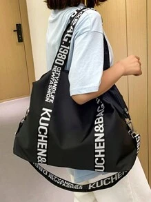 大容量防水旅行包，轻便休闲简约单肩字母印花斜挎包，运动健身包，过夜随身行李包，医院手提包，适合短途商务旅行、度假、户外滑雪运动及其他场合。 - 黑色 - 查看 4