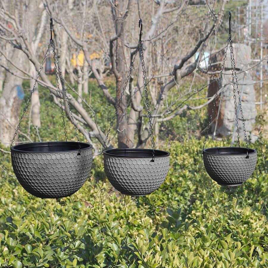 Outdoor And Indoor Plant Hanging Pots, 3 Packs Of Hanging Flower Pots, 10.3-Inch, 8.4-Inch, And 6.6-Inch Basket Flower Pots With Drainage Holes - Grey - View 1