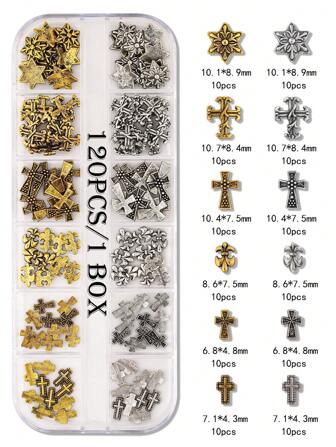 Halloween 120Pcs/Box European And American Retro Dark Style Cross Nail Art Decorations, Y2K High-End Metal Alloy Cross Nail Stickers, Gold & Silver Cross Decoration Set Punk Nail Alloy Nail Drill, Gothic Dark Style Alloy Metal Texture Diy Nail Molding Decoration, Nail Rhinestone Fake Nail Decoration Accessories Nail Charms Nail Supplies Nail Gems Nails