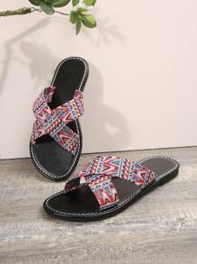 European And American Style Summer Fashion Printed Casual And Comfortable Women's Flat Slippers, Round Toe Ladies' Sandals For Home And Outdoors