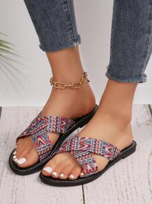 European And American Style Summer Fashion Printed Casual And Comfortable Women's Flat Slippers, Round Toe Ladies' Sandals For Home And Outdoors