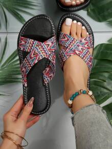 European And American Style Summer Fashion Printed Casual And Comfortable Women's Flat Slippers, Round Toe Ladies' Sandals For Home And Outdoors