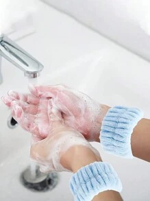 1 pièce Bandeau de bain couleur unie et 2 pièces Bracelet de bain, ensemble créatif de bandeau de maquillage facial et de bracelet de lavage en polyester pour la salle de bain à la maison, décoration de salle de bain estivale