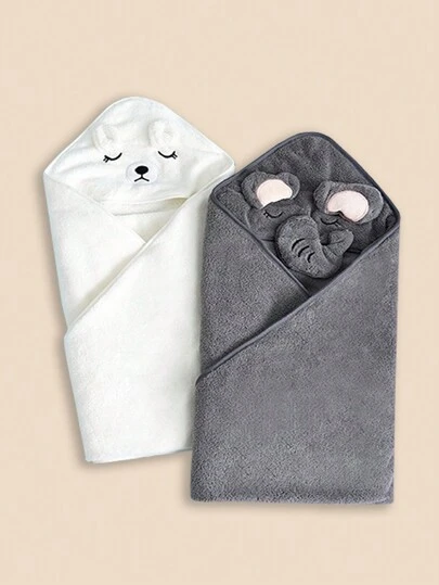 2pcs Unisex Baby Coral Fleece Hooded Bath Towels