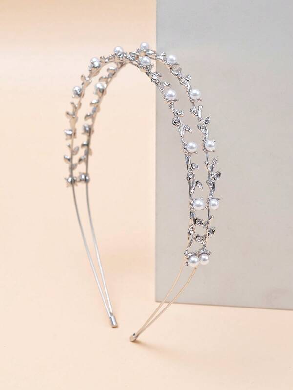 1 peça de faixa de cabelo com pérolas falsas e strass, decoração, duas fileiras, tiaras elegantes, faixa de cabelo, faixa de cabelo