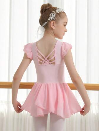 女童芭蕾舞连体服可爱蝴蝶镂空后背雪纺裙小女孩舞蹈服返校舞蹈表演服