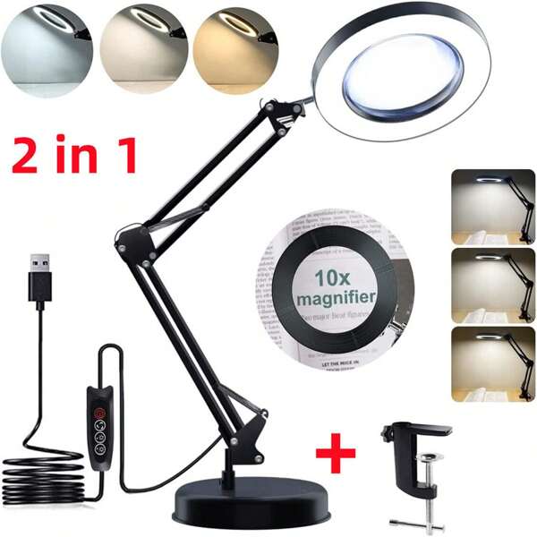 OYAJIA LED Magnifying Lamp,Adjustable 10X Magnifier Desk Lamp With 3 Colors 4.13" Diameter Glass USB Magnifying Lamp With Adjustable Swivel Arm For Reading/Office/Workbench. (Black)