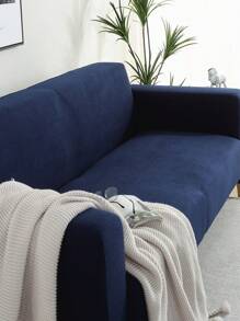 1pc Light Grey Plaid Fleece Sofa Cover With Matching Pillow Cover - Navy Blue - View 1