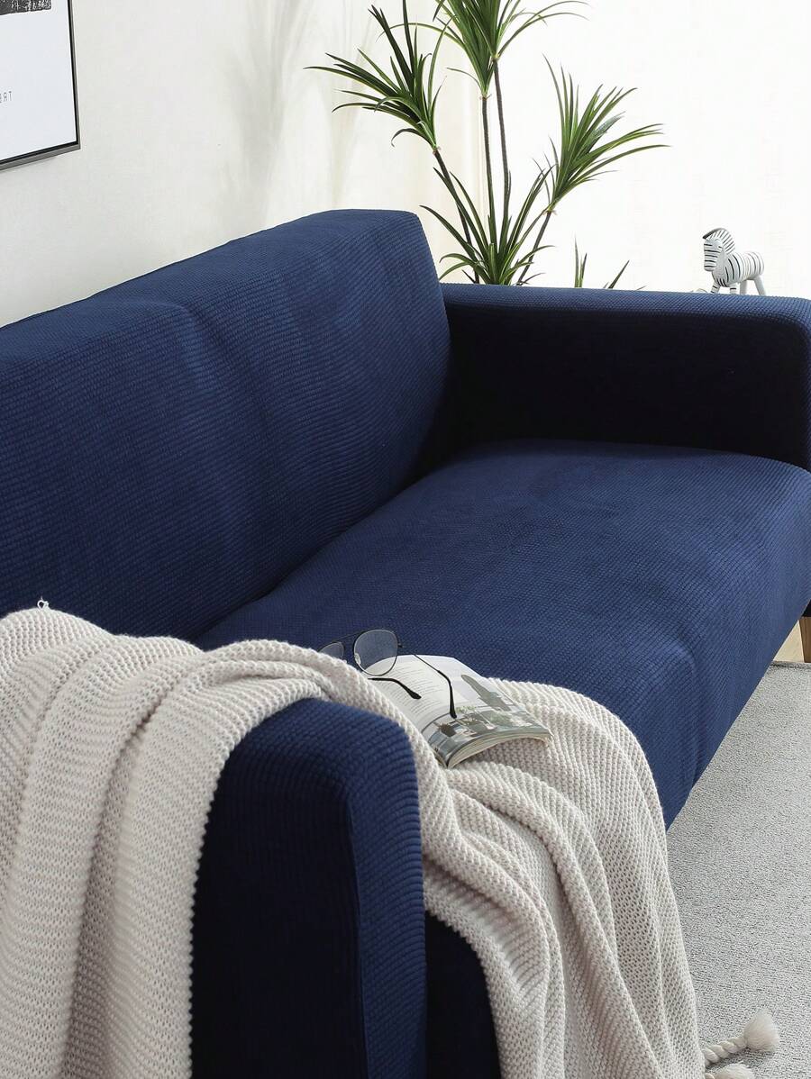 1pc Light Grey Plaid Fleece Sofa Cover With Matching Pillow Cover - Navy Blue - View 1