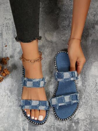 2024年夏季女鞋布邊圓頭平底拖鞋，休閒沙灘懶人鞋