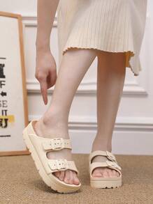 时尚新款女士 Eva 厚底拖鞋，休闲，舒适，可调节尺寸，轻便，防滑，沙滩凉鞋 - 卡其色 - 查看 4