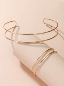 1set Fashionable Gold Double-Layer Linear Metal Choker And Bracelets Suitable For Women's Simple And Luxurious Jewelry Set For Daily Wear - Yellow Gold - View 1