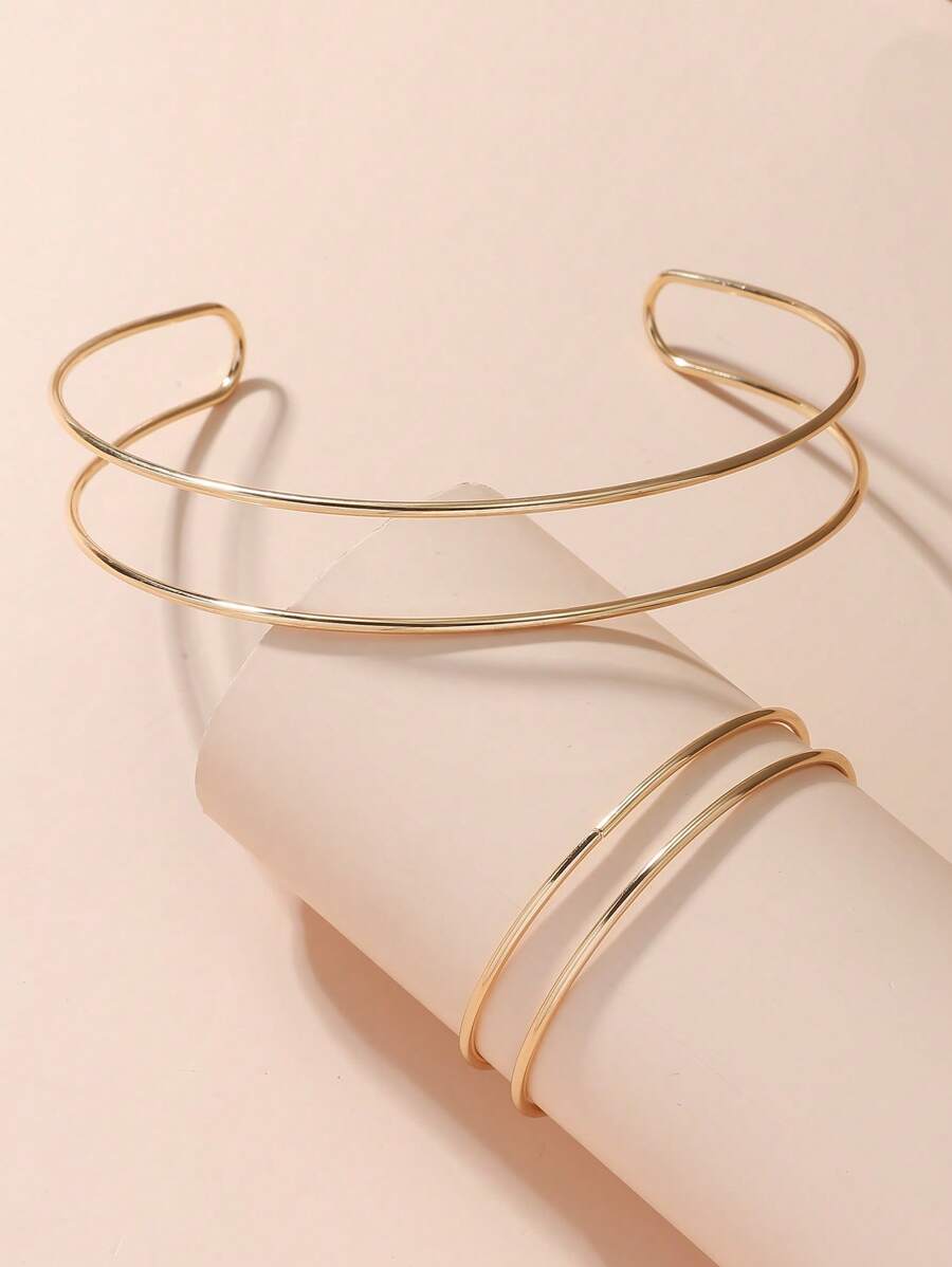 1set Fashionable Gold Double-Layer Linear Metal Choker And Bracelets Suitable For Women's Simple And Luxurious Jewelry Set For Daily Wear - Yellow Gold - View 1