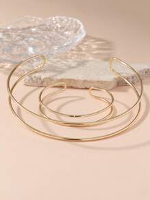 1set Fashionable Gold Double-Layer Linear Metal Choker And Bracelets Suitable For Women's Simple And Luxurious Jewelry Set For Daily Wear - Yellow Gold - View 3