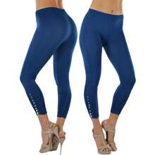 ToBeInStyle Women's Colorful Elastic Capri Length Leggings - 萊茵石褶飾 - 青色 - 查看 1