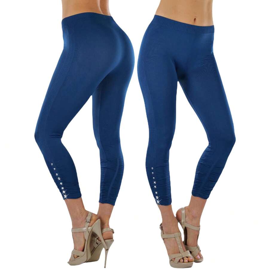 ToBeInStyle Women's Colorful Elastic Capri Length Leggings - 萊茵石褶飾 - 青色 - 查看 1