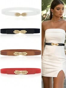 Boho 1pc Leaf Elastic Belt Pu Leather Waist Belt Leaf Buckle Fashion Joker Women's Elastic Narrow Waist Dress Waist Belt Is Suitable For Daily Collocation Summer, School