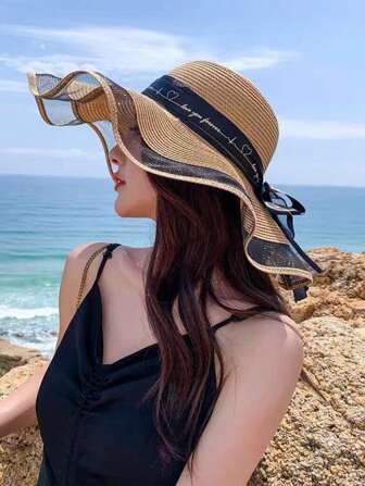 1 Pieza Sombrero De Paja Para Mujeres, Sombrero De Playa De Primavera Verano Con Ala Ancha Y Copa Grande De Estilo Bohemio