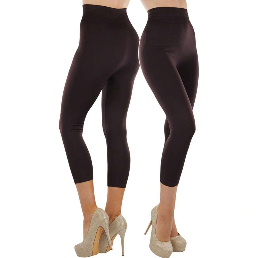 ToBeInStyle Women's Colorful Elastic Capri Length Leggings - 寬腰帶-咖啡色 - 查看 1