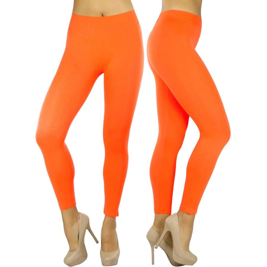 ToBeInStyle Women's Colorful Elastic Full Length Leggings - Seamless - Neon Orange - View 1