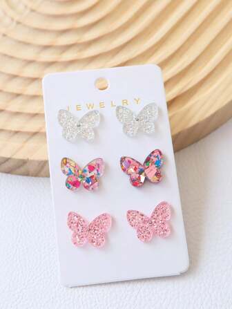 1set 3pairs/Set Acrylic Sparkling Butterfly Stud Earrings, Simple And Elegant Blingbling Jewelry