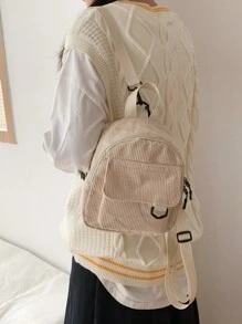 1pc Multi-Functional Mini Student Backpack - Cute Striped Texture Commuter Bag, With Multiple Pockets And Comfortable Shoulder Straps - Beige - View 3