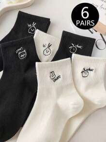 6 Pares/set De Calcetines Cortos Para Mujer Para Primavera/verano, Con Diseño De Letra Impresa Con Patrón De Caricatura En Blanco Y Negro, Bonitos Y Adecuados Para Uso Diario