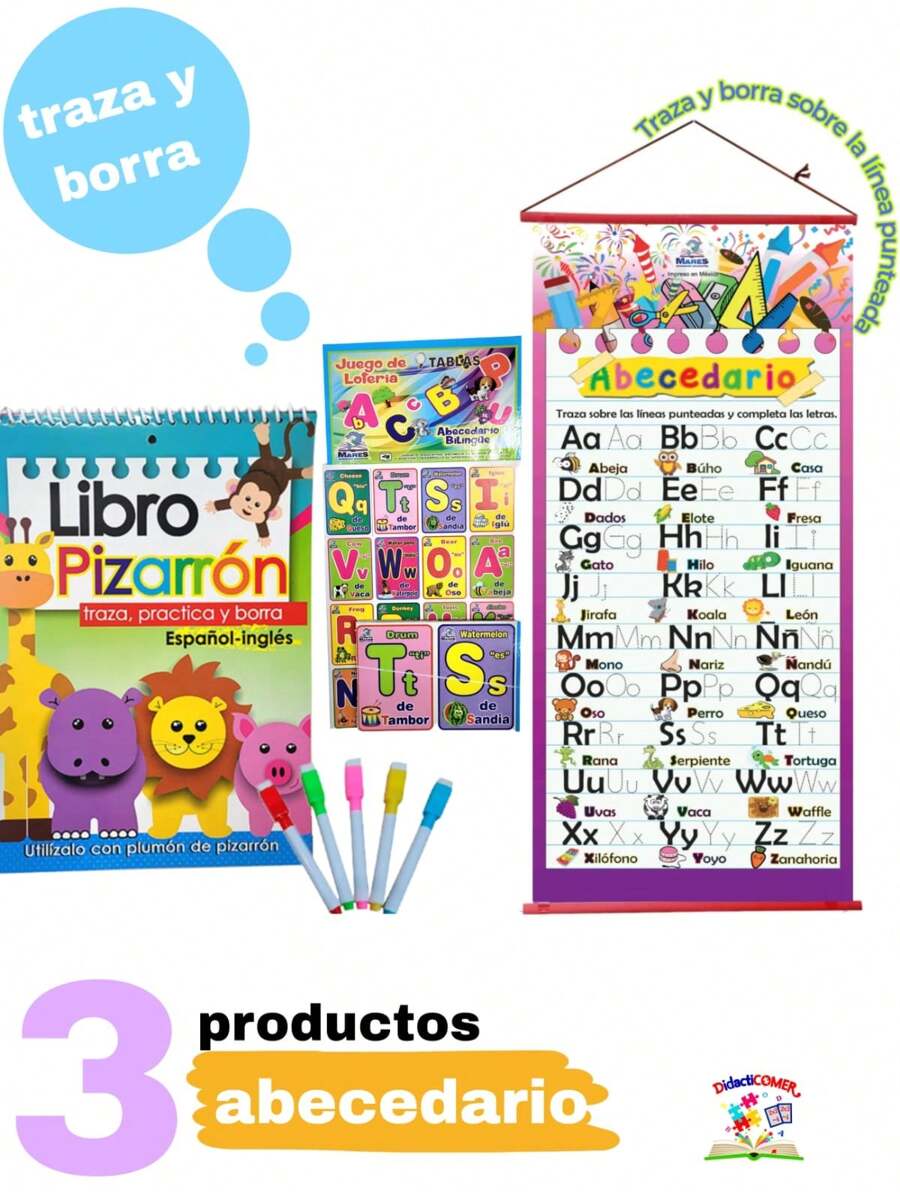 set practica abecedario 3 piezas libro pizarrón lotería didáctica - material didáctico, traza y borra - Multicolor - Ver 1