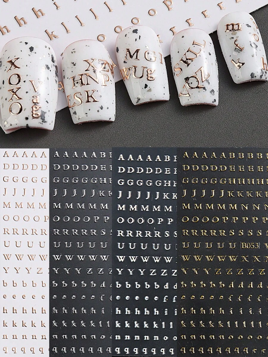 4片装 3D数字英文字母美甲贴纸 DIY美甲自粘字母贴花 金色银色彩色单词滑块美甲装饰美甲用品 - 彩色 - 查看 1