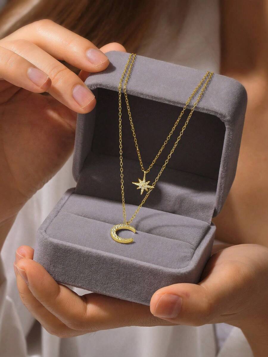 Collar de plata de ley S925 con doble cadena de circonia cúbica, Luna y estrella octogonal, collar de capas finas a la moda para mujer, 1 pieza - Amarillo Oro - Ver 1